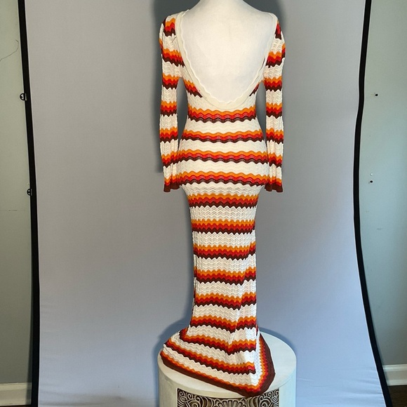 Bodycon Striking Striped Long Sleeve Crocheted Maxi Dress with Deep Scoop Back - Picture 14 of 16